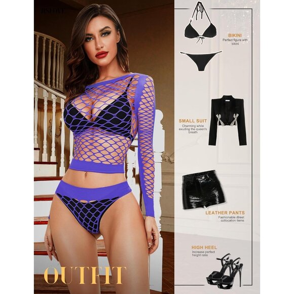 🆕 Women Purple Sexy Mesh Lingerie Fishnet Babydoll Long Sleeve Bodysuit Shirts - Picture 3 of 5